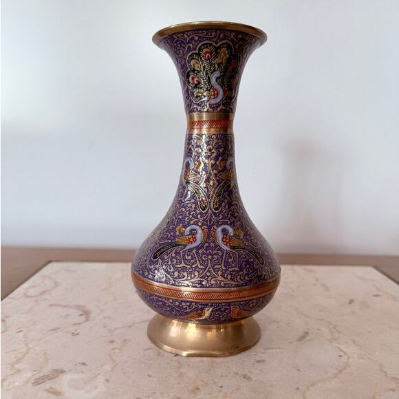 Vintage Indian Brass Vase Hand Etched Peacock Floral Design Meenakari Enamel 7” - Picture 3 of 7